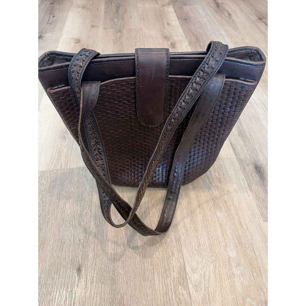 Handmade Brown Woven Leather Shoulder Bag Braided Straps Indonesia Artisan Hobo